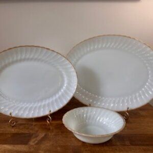 Vintage Anchor Hocking Milk‎ Glass Platter Bowl Set Gold Trim Swirl Fire King